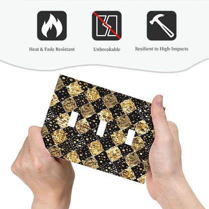 Gold Black Marble Geometric Plaid Glitter Decorative Switch Plates 3 Gang Wall Plate Triple Toggle Light Switch Cover Electrical Wall Panels Faceplate for Bedroom Bathroom Decor