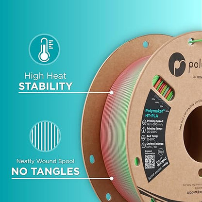 Polymaker HT-PLA Filament 1.75mm Gradient Rainbow, High Temp PLA for 3D Printing, Heat Stable Up to 150°C, Easy to Print, Works with Most FDM Printers, 1kg Spool