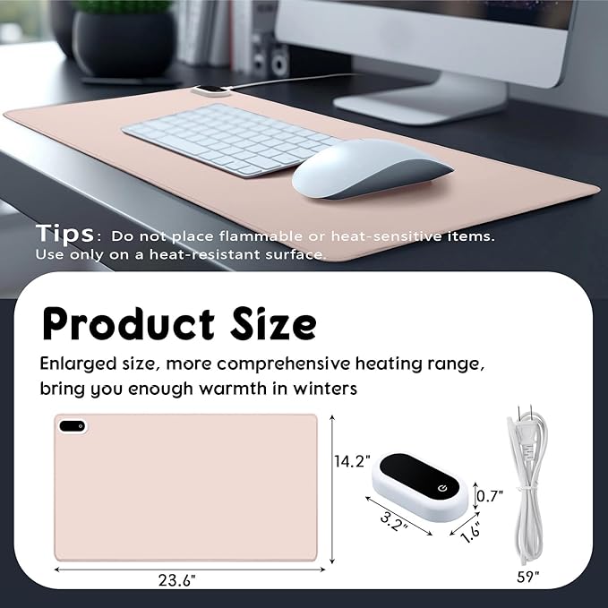 Konohan Heated Large Desk Mat PU Leather Warm Mouse Pad with 5 Heating Level & 4 Hour Auto Shut-Off Heating Keyboard Pad Warmer Gaming Mice Mat Only Supports 110v(Khaki Color,23.6"x 14.2")