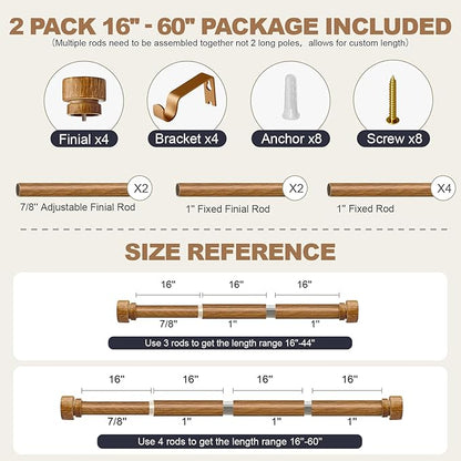 2 Pack Wood Curtain Rods for Windows 28 to 48 Inches 1" Diameter Boho Decorative Heavy Duty Window Curtain Rod Set Adjustable with Solid Imitation Wood Grain Finials for Living Room Bedroom Kitchen