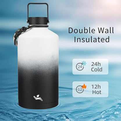 Gallon Insulated Water Bottle with Straw,128 oz 3 Lids Water Jug with Carrying Bag,Paracord Handle, Double Wall Vacuum Stainless Steel Metal Flask,Day Night