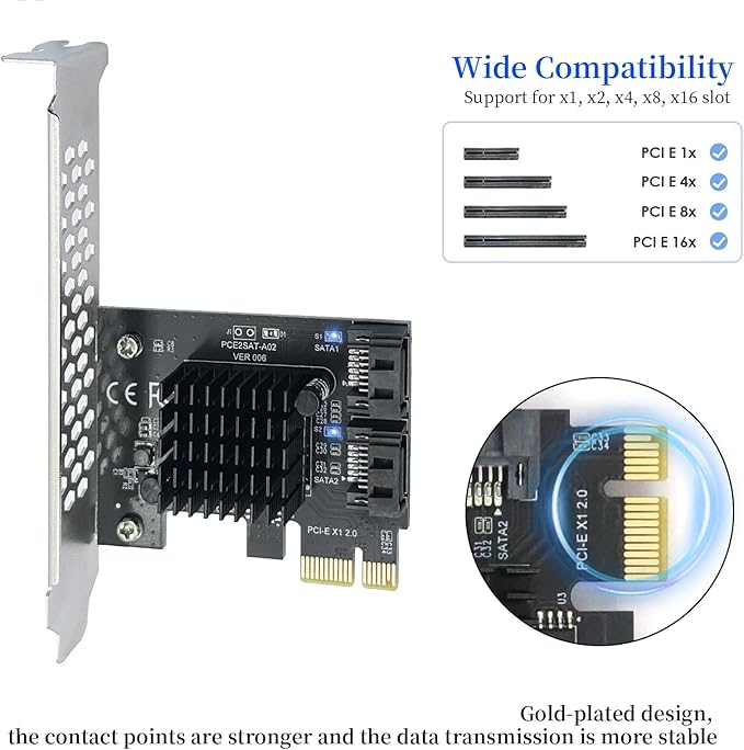 PCIe to SATA3.0 Expansion Card - ASM1061 2-Port 1X Controller | 6Gbps High-Speed Transmission | Hot-Swappable | Compatible with SSD/Mobile Hard Drives | for Windows, Mac, Linux
