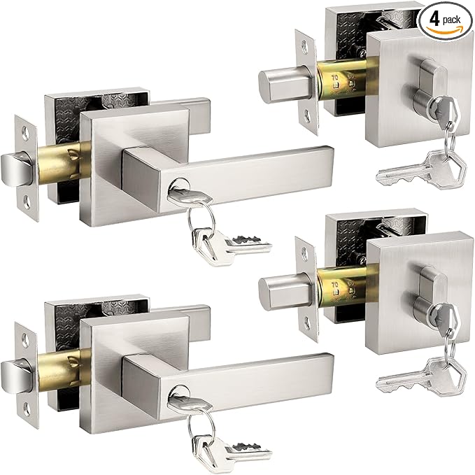 Probrico Square Entry Levers and Single Cylinder Deadbolts Combo Pack, Satin Nickel Keyed Alike Heavy Duty Keyed Entry Handles Locksets Reversible for Right and Left Side, 2 Pack(All Same Keys)