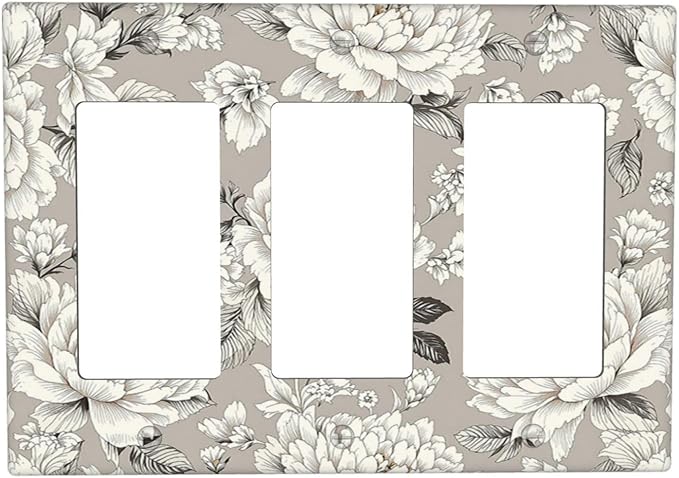 White Poppies Floral Modern Grey Peonies Flowers Light Switch Covers 3 Gang Rocker Decorative Triple Outlet Wall Plate Cover Electrical GFCI Switchplate for Bedroom Bathroom Decor