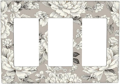 White Poppies Floral Modern Grey Peonies Flowers Light Switch Covers 3 Gang Rocker Decorative Triple Outlet Wall Plate Cover Electrical GFCI Switchplate for Bedroom Bathroom Decor