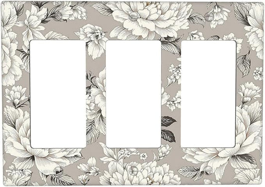 White Poppies Floral Modern Grey Peonies Flowers Light Switch Covers 3 Gang Rocker Decorative Triple Outlet Wall Plate Cover Electrical GFCI Switchplate for Bedroom Bathroom Decor