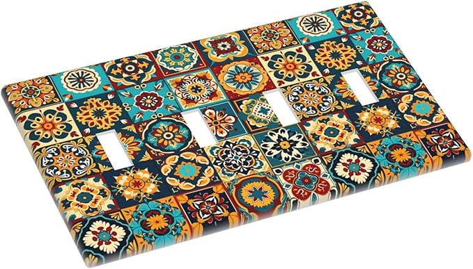 Mexican Talavera Ceramic Tile Moroccan Boho Light Switch Covers Quad Toggle Electrical Faceplate 4 Gang Wall Plate Decorative Switch Plates for Bathroom Kitchen Decor