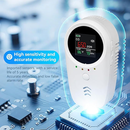 3PCS 5-in-1 Rechargeable Carbon Monoxide & Natural Gas Detectors with Temperature/Humidity LCD Display & 2000mAh Lithium-ion Battery, Portable Plug in Co Detector for Home Travel RV Essentials