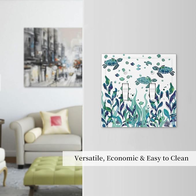 Decorative Switch Plates Vibrant Turtle Seagrass Watercolor Painting 2 Gang Double Toggle Outlet Light Switch Cover Wall Plate Electrical Faceplate for Bathroom living Room Decor