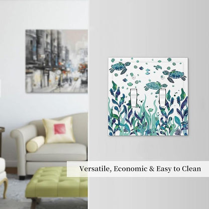 Decorative Switch Plates Vibrant Turtle Seagrass Watercolor Painting 2 Gang Double Toggle Outlet Light Switch Cover Wall Plate Electrical Faceplate for Bathroom living Room Decor