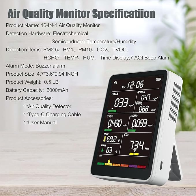 Professional Indoor Air Quality Monitor with AQI, Portable Real-Time Detector for Home Cars Plants and Pets (White)
