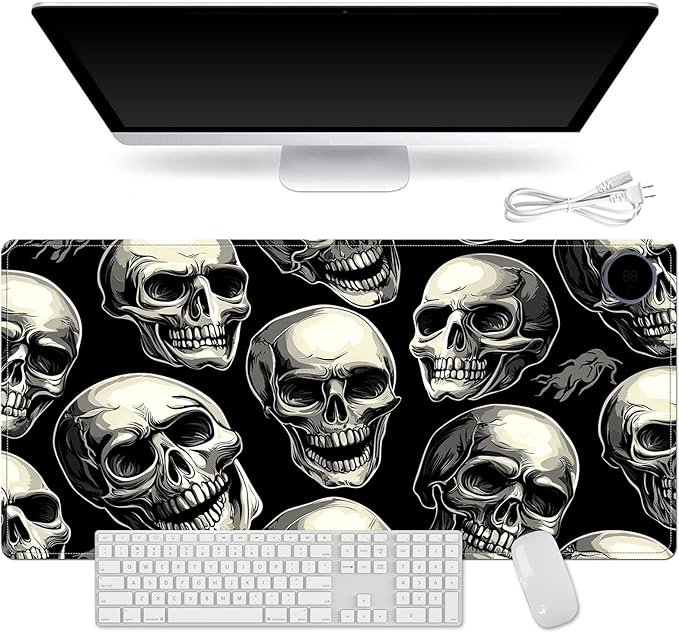 Heated Mouse Pad for Desk 31.5" x 13" – PU Leather Warm Desk Pad with 3 Heat Levels (104°F/113°F/122°F), Plug-in Electric Heating Mat with Auto Shut-Off, Waterproof & Rollable, Skull Pattern