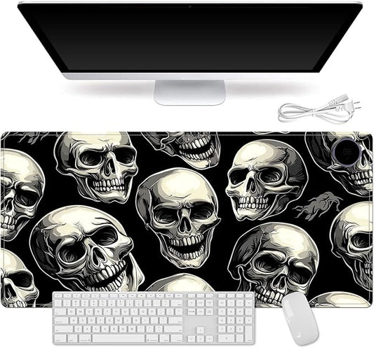 Small Heated Desk Pad 23.6" x 14.2" – Compact Electric Mouse Pad with 3 Heating Levels, Auto Shut-Off, Waterproof PU Surface, Plug-in Warmer for Office or Home Use, Skull Pattern