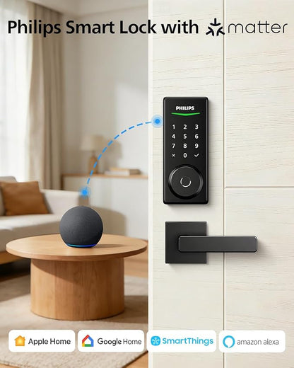 Philips Bluetooth Smart Door Lock with Matter, Keyless Entry Door Lock with App Control, Fingerprint Front Door Lock Set, Keypad Deadbolt Lock with Apple Home, Alexa, Google, Touchscreen Smart Lock