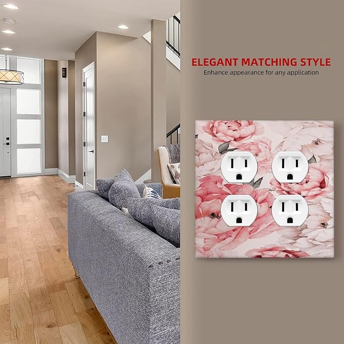 Decorative Outlet Covers Ink Pink Peony Flower Rustic Floral 2 Gang Wall Plate Double Duplex Light Switch Cover Switch Plate Covers Faceplate for Home Bedroom Decor