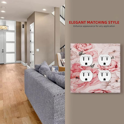Decorative Outlet Covers Ink Pink Peony Flower Rustic Floral 2 Gang Wall Plate Double Duplex Light Switch Cover Switch Plate Covers Faceplate for Home Bedroom Decor