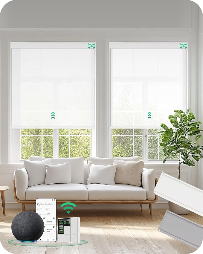 Allesin Motorized Roller Blinds – Rechargeable Smart Shades with Remote & Quiet Motor, Top/Bottom Aluminum Rails, Alexa-Compatible for Window (Custom Size, Light Filtering Seashell-Textured)