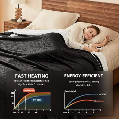 Homemate Electric Heated Blanket Full Size - 72"x84" Heated Bed Blanket Throw with 10 Heating Levels 8 Hours Auto Off Fast Heating Over-Heat Protection-Ultra Soft Flannel ETL Certified, Black