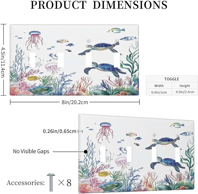 Blue Sea Turtle Ocean Fish Octopus Coral Light Switch Covers Quad Toggle Electrical Faceplate 4 Gang Wall Plate Decorative Switch Plates For Bathroom Kids Room Decor