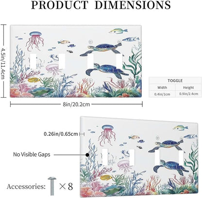 Blue Sea Turtle Ocean Fish Octopus Coral Light Switch Covers Quad Toggle Electrical Faceplate 4 Gang Wall Plate Decorative Switch Plates For Bathroom Kids Room Decor