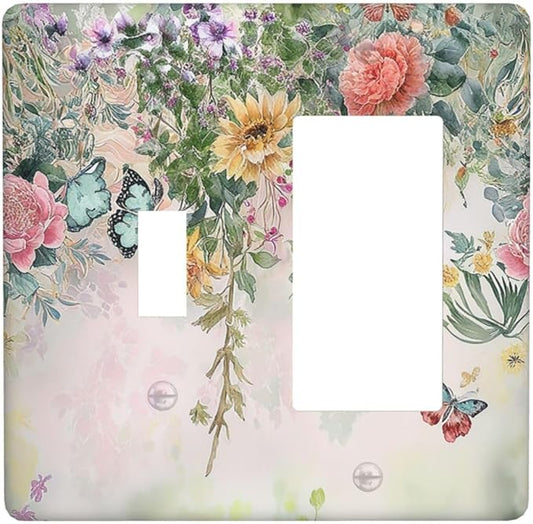 Rustic Floral Watercolor Flower Blossom Butterfly 2 Gang Combo 1 Toggle 1 Rcoker Light Switch Covers Decorative Switch Plates Electrical Switch Plates and Outlet Covers for Home Art Decor 4.5 X 4.5 IN