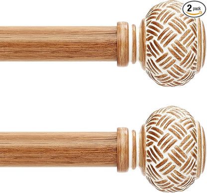 2 Pack Wood Curtain Rods for Windows 48 to 84 Inches, Decorative 1'' Diameter Heavy Duty Adjustable Rustic Farmhouse Drapery Pole with Boho Imitation Wooden Grain Finials, Size: 30''-88'', Brown