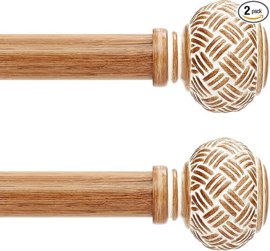 2 Pack Wood Curtain Rods for Windows 48 to 84 Inches, Decorative 1'' Diameter Heavy Duty Adjustable Rustic Farmhouse Drapery Pole with Boho Imitation Wooden Grain Finials, Size: 30''-88'', Brown