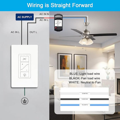 Ceiling Fan Remote Control Kit, Universal Ceiling Fan Remote Control Kit and Dimmer Light Switch Combo, Ceiling Fan Wall Switch UC9050T, Compatible with Hunter Hampton Bay