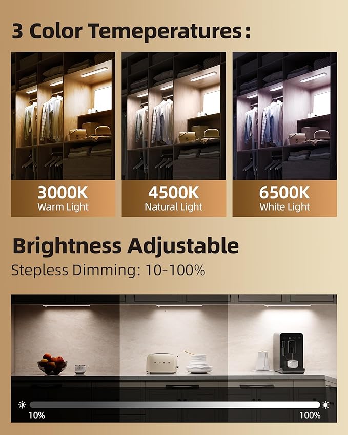 2Pack 16inch Under Cabinet Lighting, Rechargeable Motion Sensor Light Wireless Indoor, Dimmable 3 Color Temps Closet Lights with Remote, Under Counter LED Lights for Kitchen, Stairs