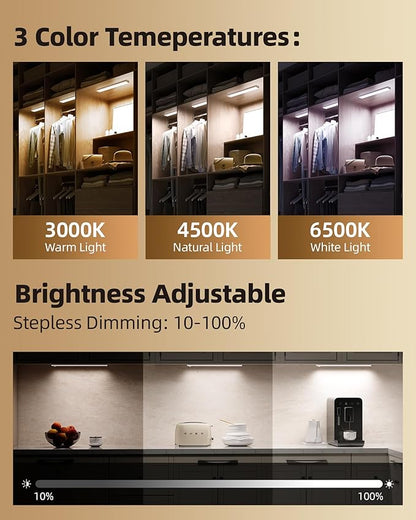 2Pack 12inch Under Cabinet Lighting, Rechargeable Motion Sensor Light Wireless Indoor, Dimmable 3 Color Temps Closet Lights with Remote, Under Counter LED Lights for Kitchen, Stairs