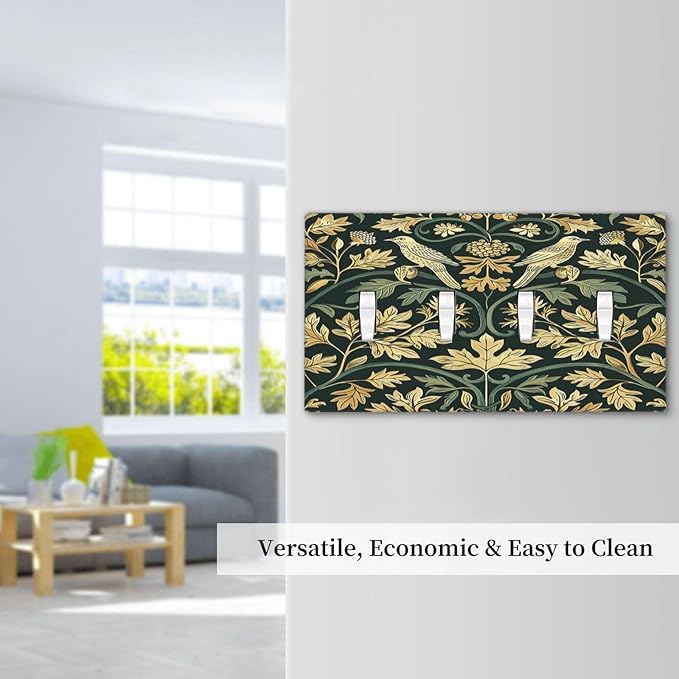 Light Switch Covers William Morris Vintage Botanical Birds Golden Green Leaves Quad Toggle Electrical Faceplate 4 Gang Wall Plate Decorative Switch Plates for Bedroom Home Decor