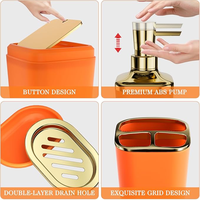 Bathroom Sets with Shower Curtain and Rugs, 27PC Bathroom Accessory Set, Orange Bathroom Set, Orange and Gold Bathroom Accessories Set with Trash Can, Toilet Brush and Soap Dispensers