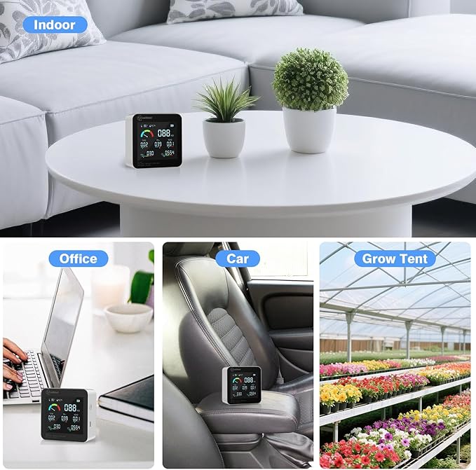 Air Quality Monitor Indoor – CO2 Detector, VOC Meter and AQI Tester Tracks TVOC, HCHO, PM2.5 & PM10 with Temperature & Humidity Sensor for Home Office (White)