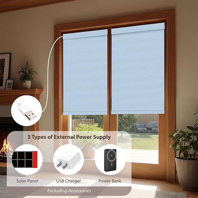 Motorized Roller Blinds with Remote, 100% Blackout Automatic Roller Shades for Bedroom, Bathroom, and Living Room, Customized Size, Pale Lake Blue