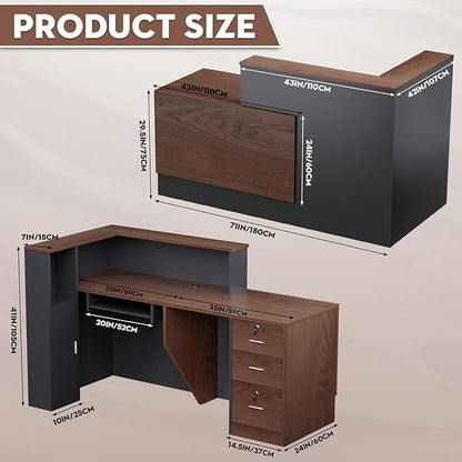 L-Shaped Modern Reception Desk with Counter & Storage - 71" Large Office Front Desk, Salon Checkout Counter with Lockable Cabinets, Shelves(Brown & Black, Right - 71''L x 34''W x 41''H)