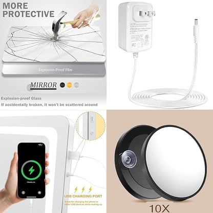 Makeup Vanity Mirror with USB Charging Port 28" x 22" Large LED Makeup Mirror, Desk Mirorr with Lights, Light up Mirror with 10X Magnification and, Dimmable 3 Modes, Touch Gold