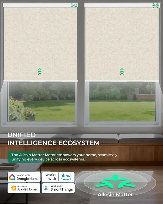 Allesin Motorized Roller Blinds – Rechargeable Smart Shades with Remote & Quiet Motor, Top/Bottom Aluminum Rails, Alexa-Compatible for Window (Custom Size, 100% Blackout Sand-Linen)