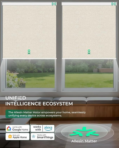 Allesin Motorized Roller Blinds – Rechargeable Smart Shades with Remote & Quiet Motor, Top/Bottom Aluminum Rails, Alexa-Compatible for Window (Custom Size, 100% Blackout Sand-Linen)