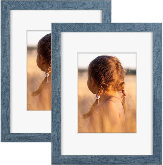 Golden State Art, 9x12 Picture Frame with Mat for 6x8 - High Definition Glass Wall Mounting Horizontal Vertical Display (Blue, 2 Pack)
