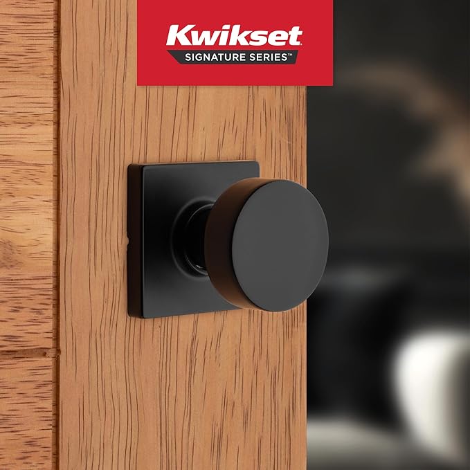 Kwikset Pismo Interior Passage Door Knob, Handle for Closet and Hallway Doors, Non-Locking Doorknob in Matte Black, with Microban Protection, Square Rose (Pack of 4)