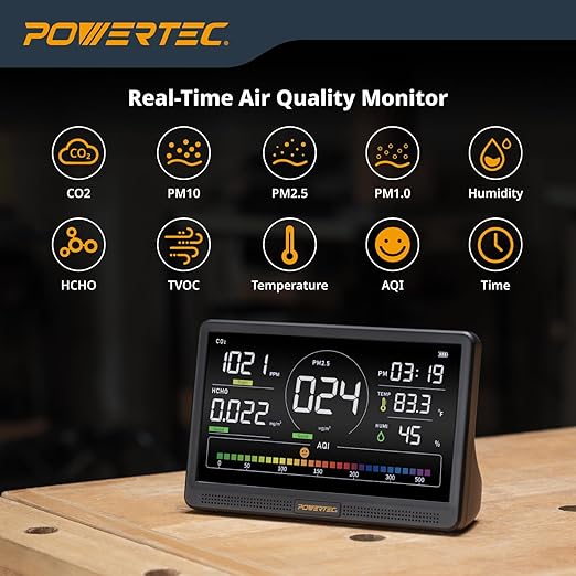 POWERTEC AD1001 Air Quality Monitor with 7” LCD Display – Multi-Sensor CO₂, PM2.5, PM10, HCHO, TVOC Detector, NDIR & Semiconductor Sensors, Rechargeable Indoor/Workshop Air Monitor