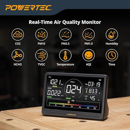 POWERTEC AD1001 Air Quality Monitor with 7” LCD Display – Multi-Sensor CO₂, PM2.5, PM10, HCHO, TVOC Detector, NDIR & Semiconductor Sensors, Rechargeable Indoor/Workshop Air Monitor