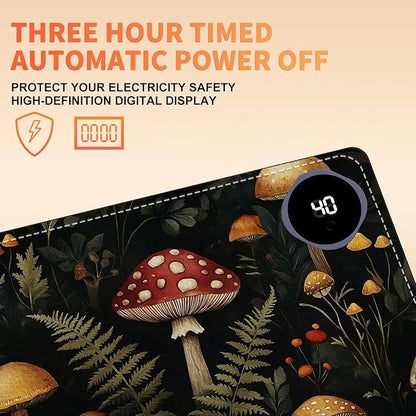 Heated Mouse Pad 23.6 x 14 in 3-Temp Fast Heating Desk Mat with Auto Timer Warmer for Hands Wrist Pain Relief Waterproof Keyboard Mat for Office, Gaming, Home, Mushroom Forest