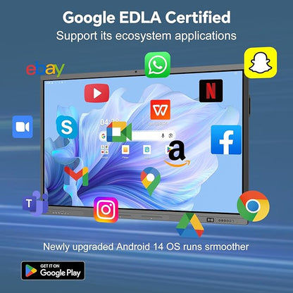 75" Smart Board, 4K Digital Whiteboard for Office, Hybrid Work & Classrooms, Google EDLA-Certified Interactive Whiteboard with Android 14, OTA Updates & Open Apps Ecosystem, 8+128GB Storage