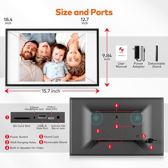 Frameo Digital Picture Frame 12.7'' 64GB Photo Frame, 1440 * 1080P IPS Touch Electronic Picture Frame, Auto-Rotate Tabletop&Wall Mounted,USB&SD Card, Sharing Photos/Videos via Free App from Anywhere