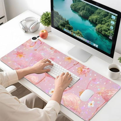 Heated Desk Pad Mouse Pad 31.5x13 Inch PU Leather Desk Mat with 3 Heat Levels Large Mouse Gaming Computer Laptop Mat Pink Gradient Flamingo and Petals