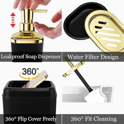 Black Bathroom Set, Bathroom Sets with Stripe Shower Curtain, Black and Gold Bathroom Accessories with Trash Can, Soap Dispenser, Soap Dish, Toilet Brush Holder, Qtip Holders for Bathroom