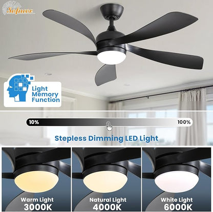 Sofucor 52" Smart Ceiling Fan, Indoor/Outdoor Black Ceiling Fans with Lights and Remote, Works with Alexa/Google/App, 3-Color Light 6-Speed Timing Reversible DC Motor for Bedroom Living Room Patio