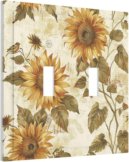 Decorative Switch Plates Rustic Sunflower Floral Pattern 2 Gang Double Toggle Outlet Light Switch Cover Wall Plate Electrical Faceplate for Bedroom Cabin Decor