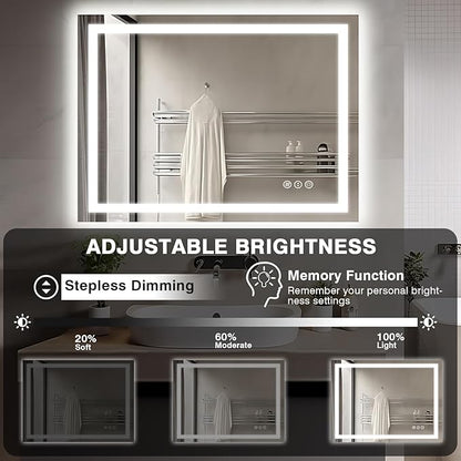 40"x30" LED Lights Bathroom Mirror with Front Lit and Backlit, Anti-Fog Vanity Mirror with Lights, Stepless Dimmable Lighted Mirror, 3 Colors Smart Mirror (Horizontal/Vertical)